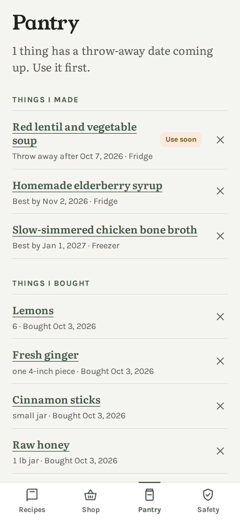 The Pantry tab of Jar & Kettle with three things made and four bought. Made: red lentil and vegetable soup with a Throw away after date and a Use soon label, elderberry syrup in the fridge with a Best by date, and chicken bone broth in the freezer with a Best by date