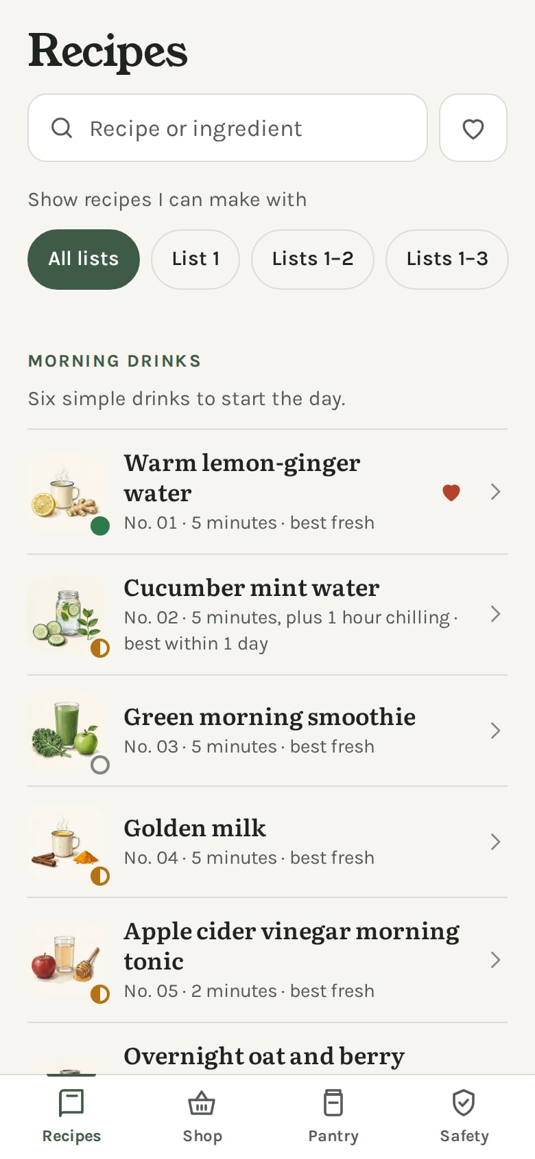 The Recipes tab of Jar & Kettle: a search box with a heart button beside it, a filter by shopping list, and the first chapter, Morning drinks. Each recipe has a small painted picture with a dot on its corner, full, half or empty, and the first recipe has a heart
