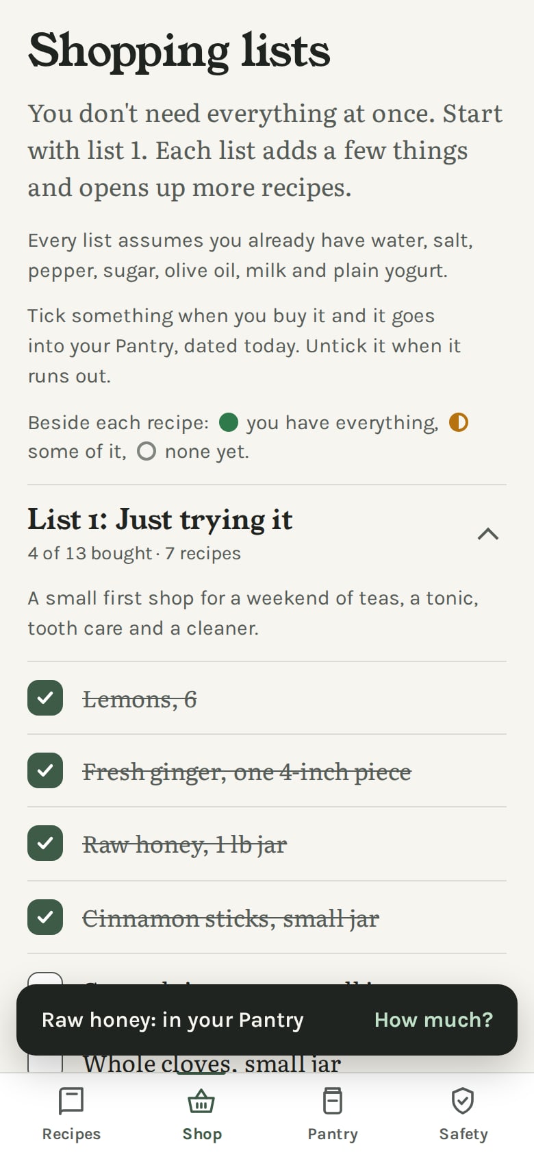 The Shop tab of Jar & Kettle: what the dots mean, and List 1, Just trying it, with four of its thirteen items ticked and the message "Raw honey: in your Pantry" with a How much? button