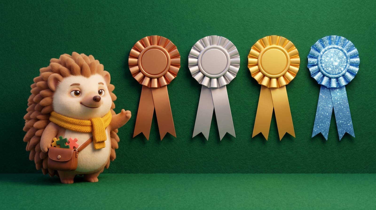 Tuck the hedgehog beside four ribbons: bronze, silver, gold and diamond blue
