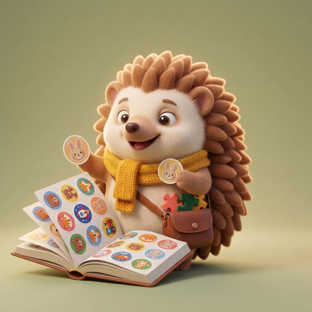 Tuck the hedgehog holding an open sticker book