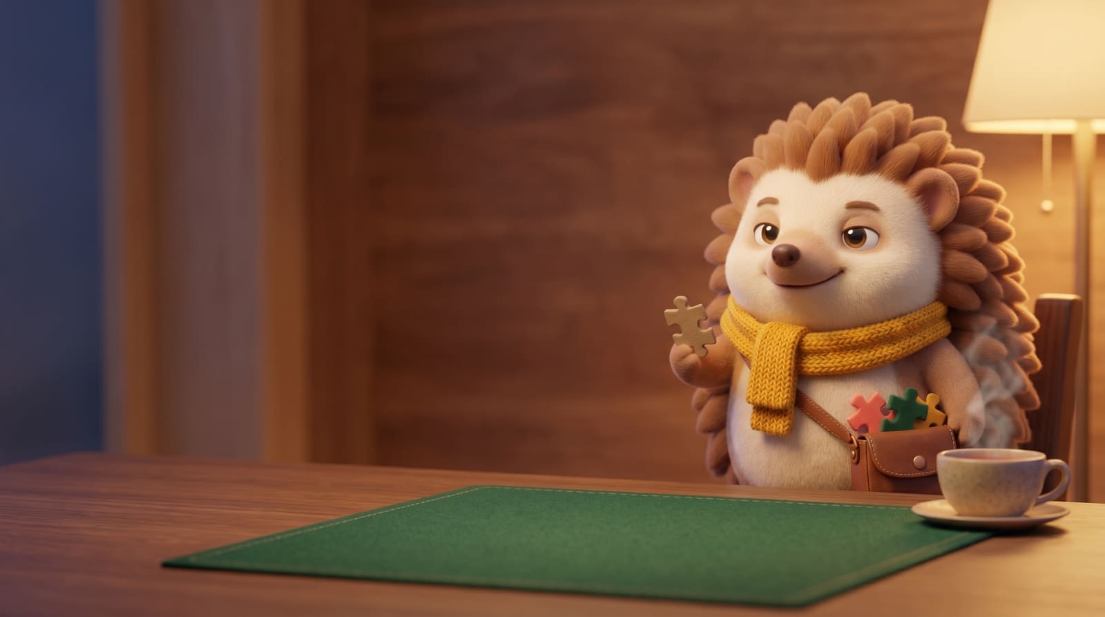 Tuck the hedgehog at a walnut table with a cup of tea, holding a puzzle piece