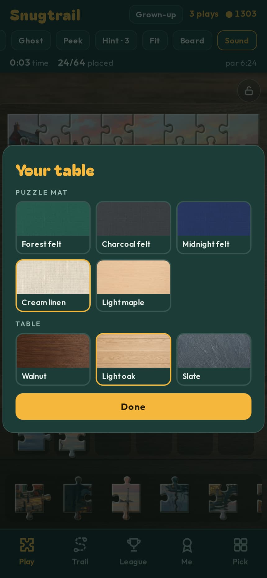 The Your table sheet, with a choice of puzzle mats and tables