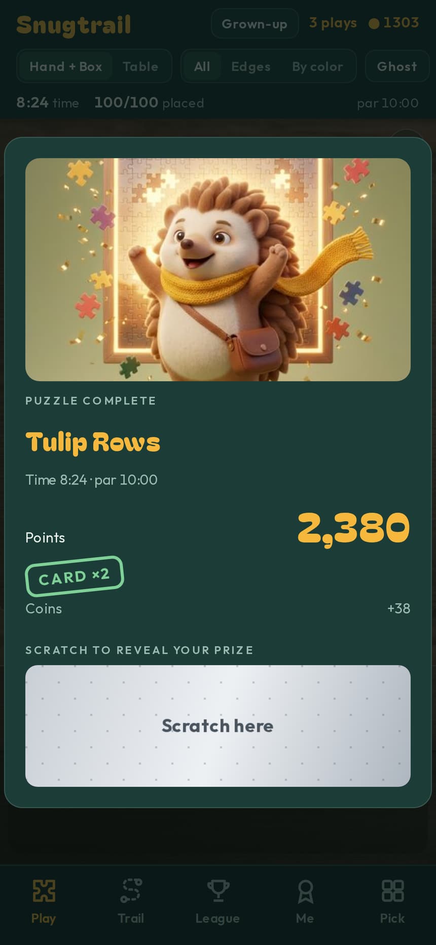 The finish screen after completing Tulip Rows, with points and a scratch card