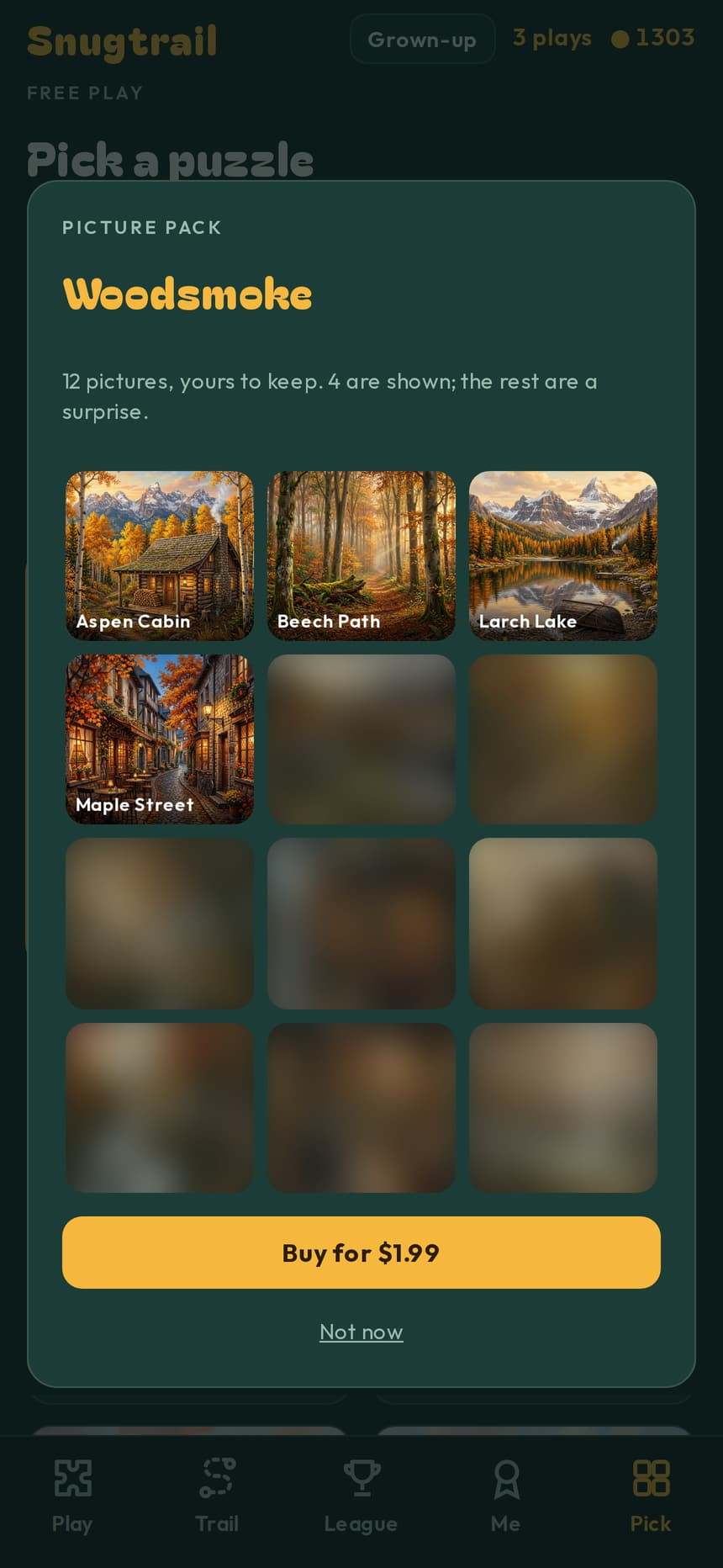 The Woodsmoke picture pack, with four of its twelve pictures shown before you buy