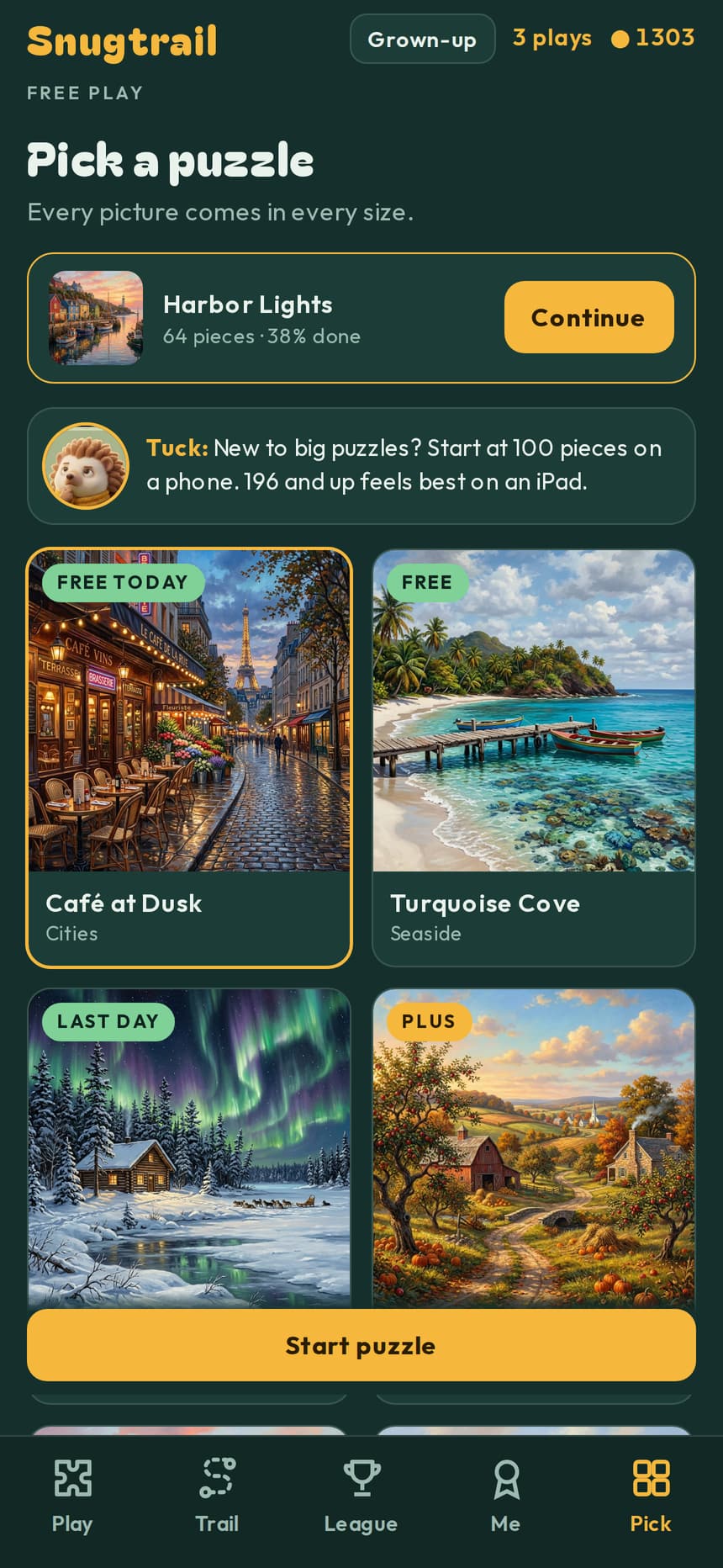 The Pick screen, showing today's free picture and the picture library