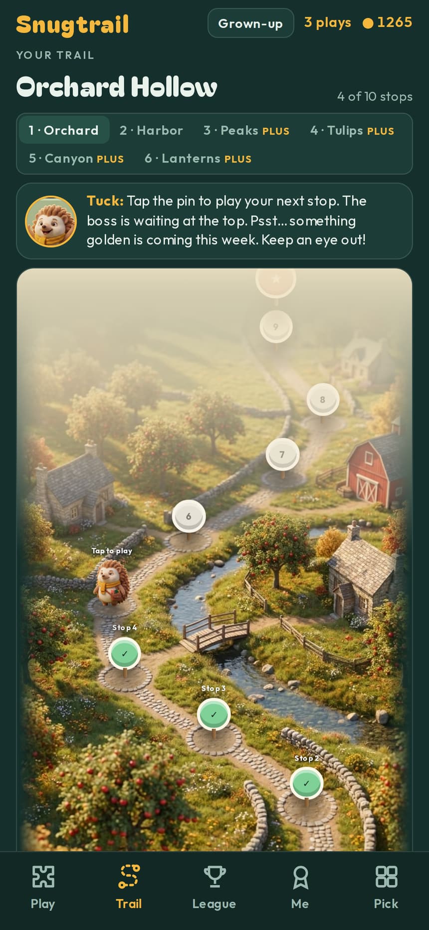 The Orchard Hollow trail map, a winding path through an orchard with ten stops