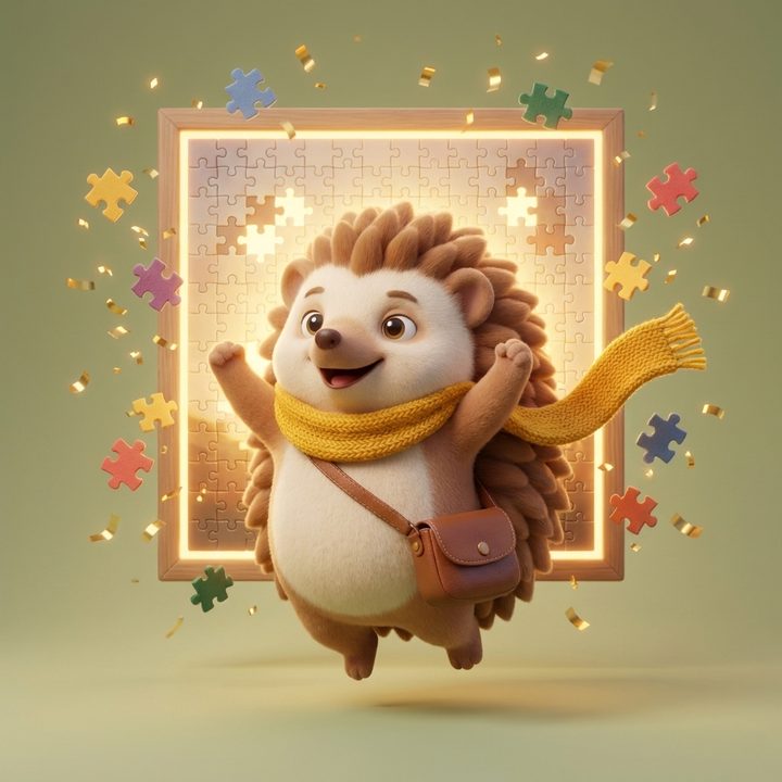 Tuck the hedgehog, Snugtrail's guide, celebrating a finished puzzle